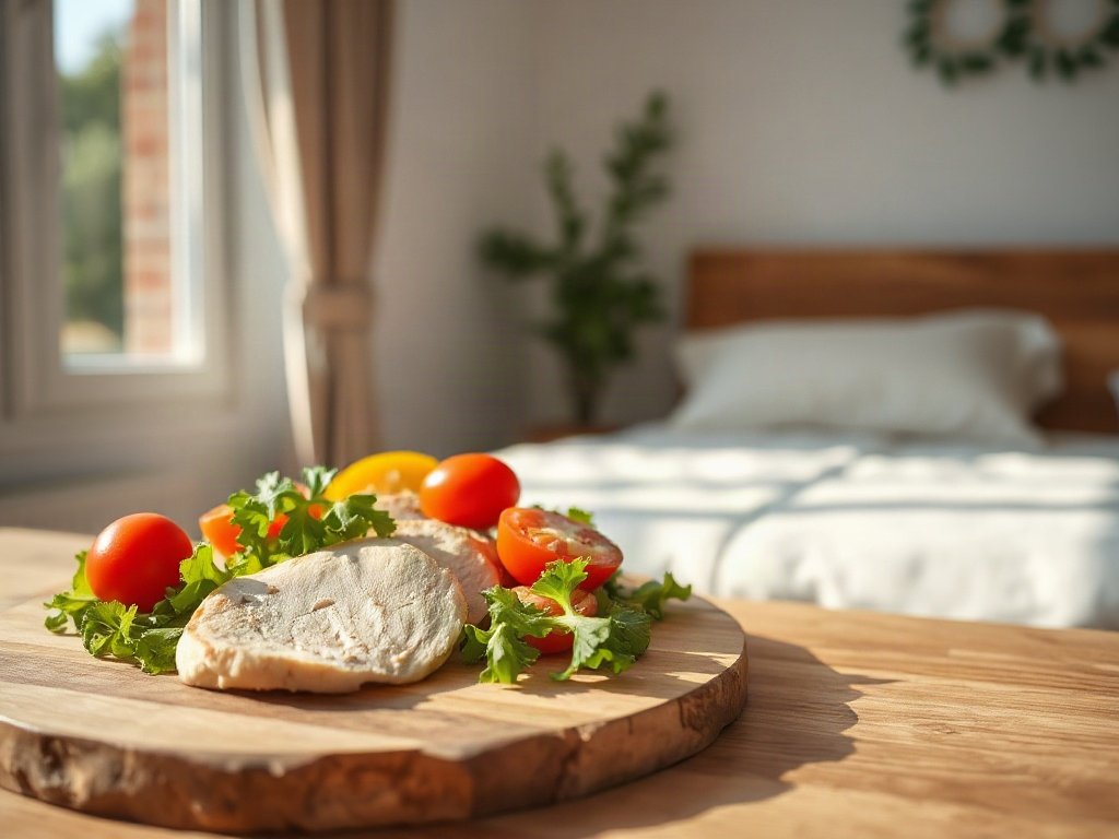 salad đầy màu sắc với ức gà, cà chua bi và rau trộn
