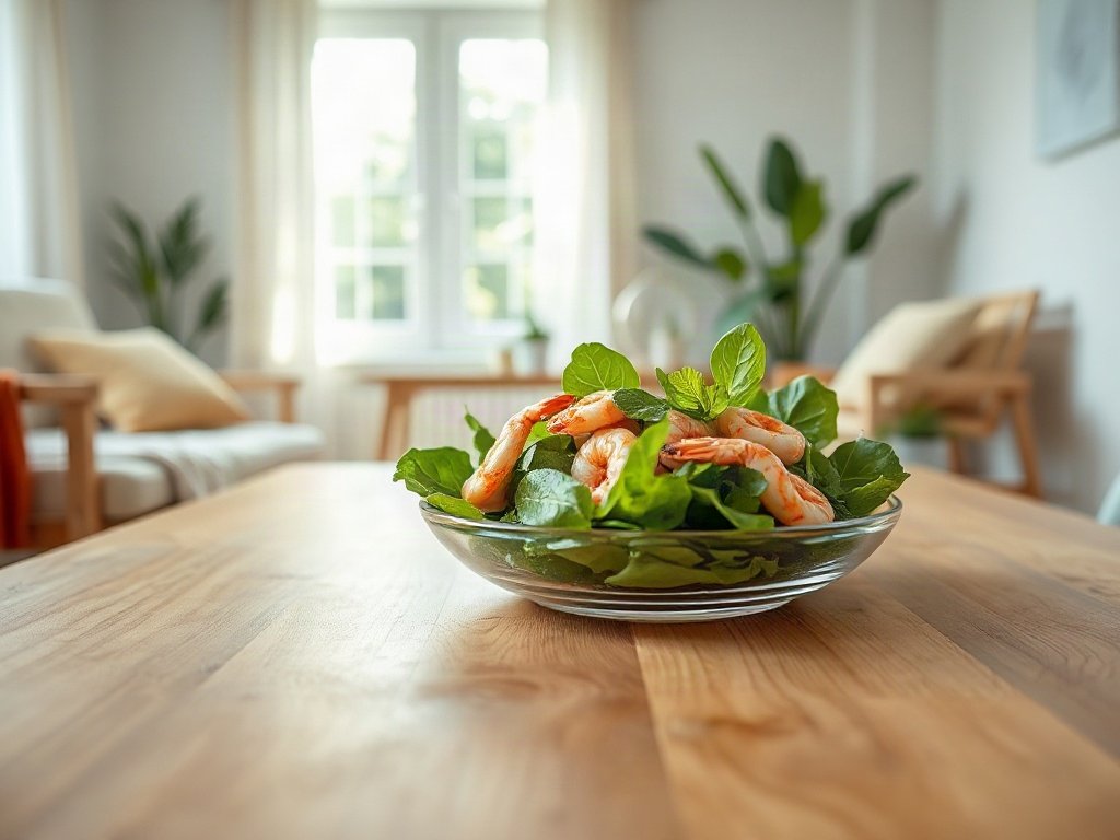 Salad rau xanh với tôm tít trên bàn gỗ