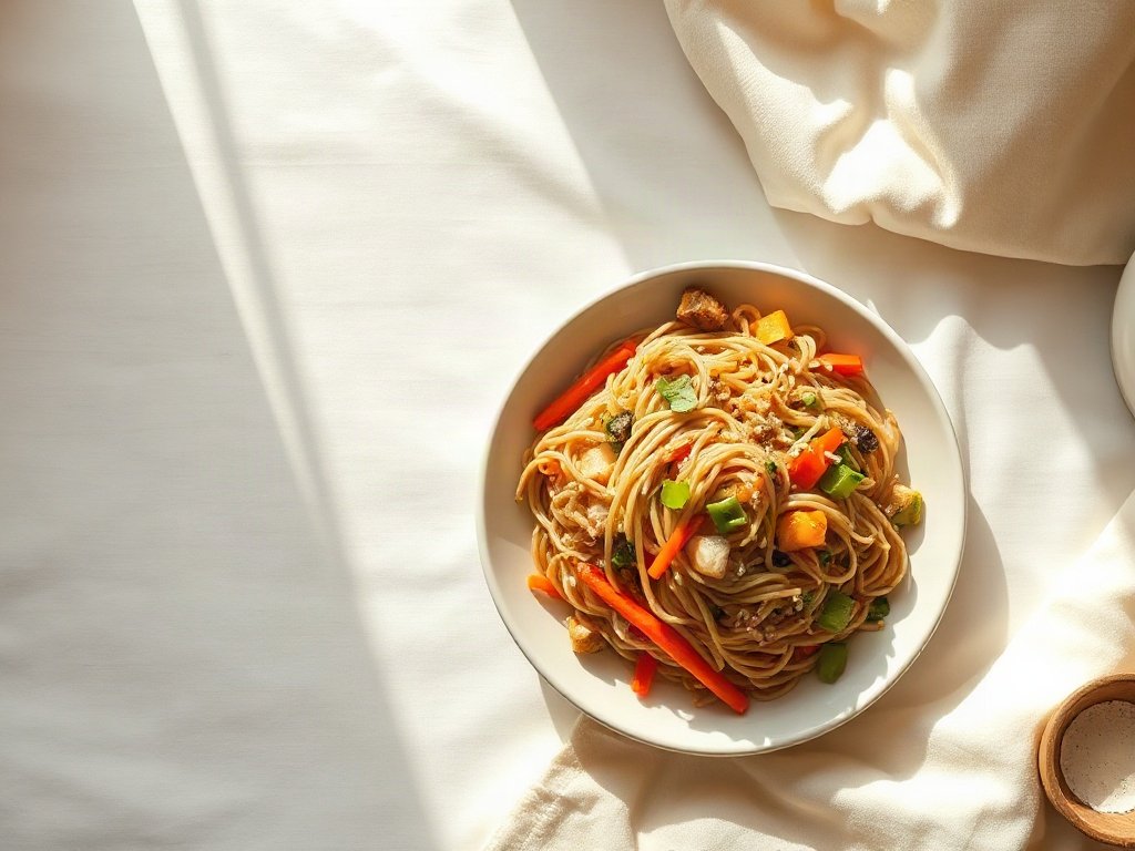 Sợi hủ tiếu đã nấu với rau củ sắc màu trong bát trắng