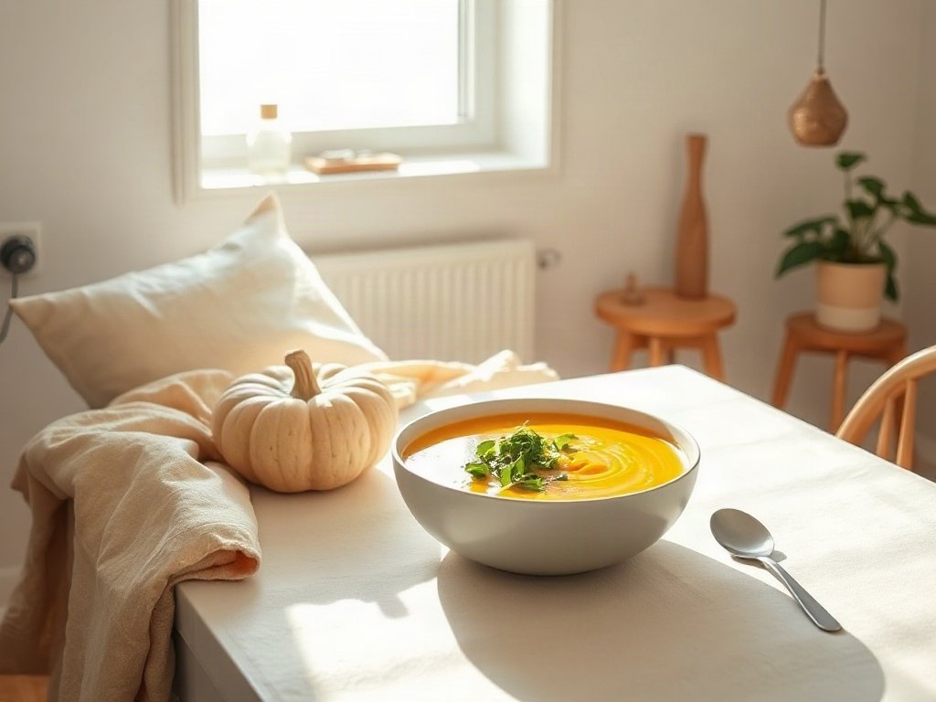 Súp bí đỏ và rau xanh trong không gian tối giản