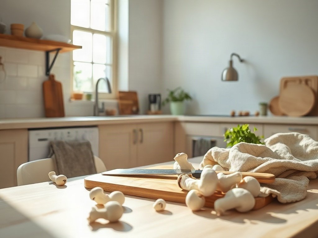 Thái nấm tươi trong gian bếp hiện đại