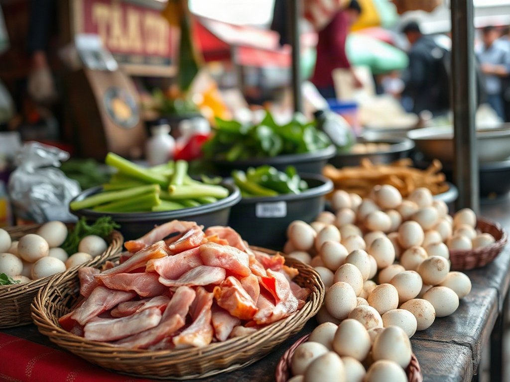Thịt ba chỉ và trứng cút tươi tại chợ