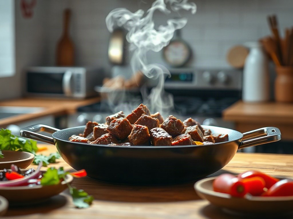 Thịt bò đang xào chín trong chảo
