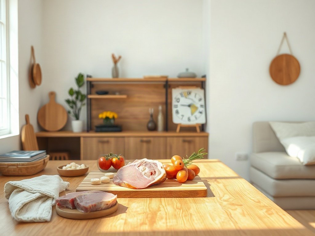 Thịt heo tươi trên bàn bếp gỗ