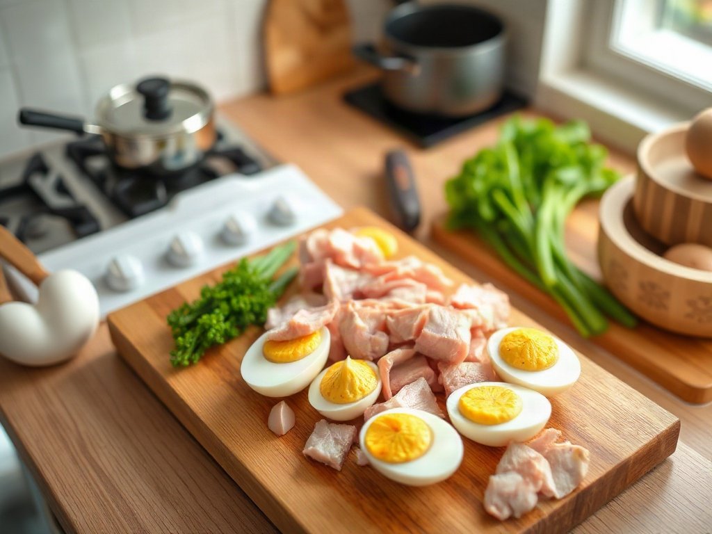 Thịt heo và trứng cút đã được sơ chế trong bếp