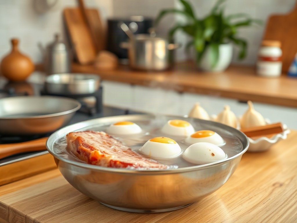 Thịt và trứng cút kho với nước dừa tươi