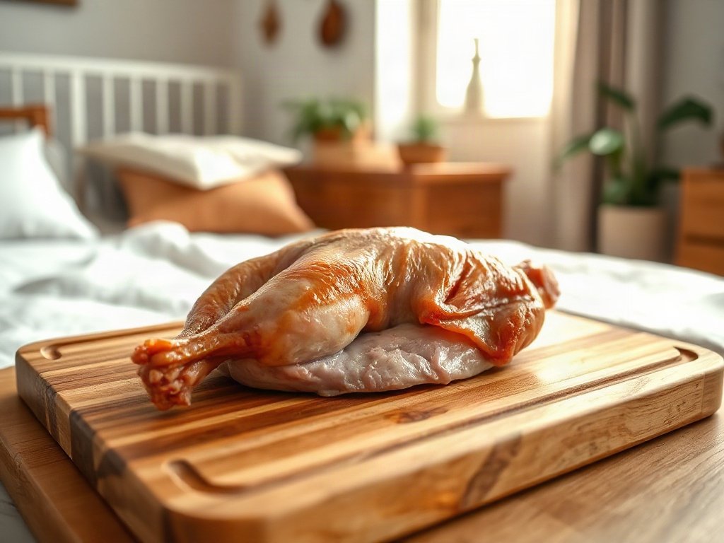 Thịt vịt tươi trên thớt gỗ, chuẩn bị chế biến