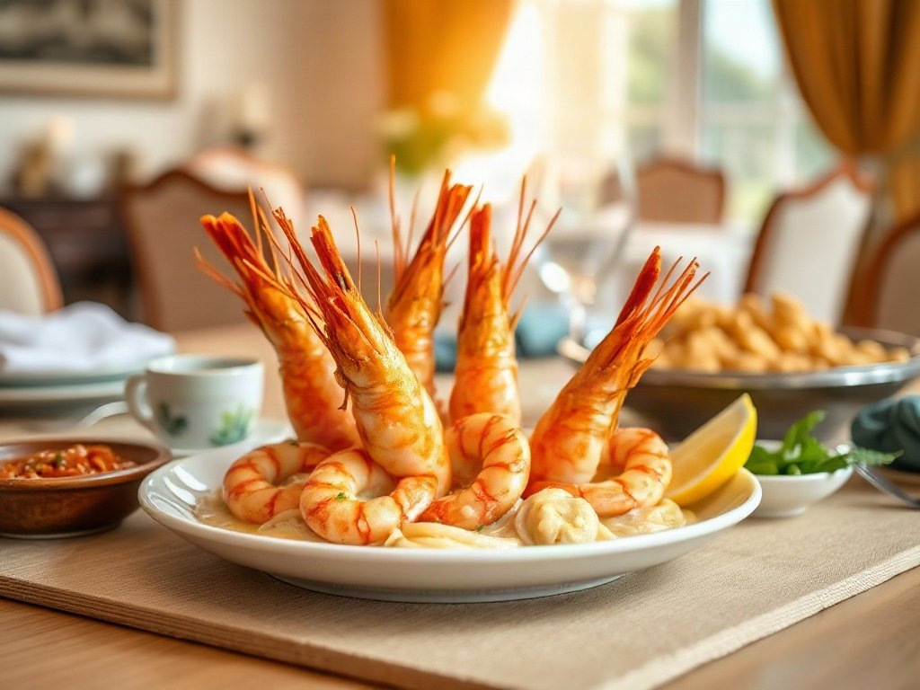 Thưởng thức món tôm sú hấp bia sả gừng tại bàn ăn