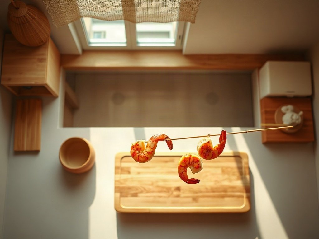 Tôm nướng trên xiên tre trong bếp