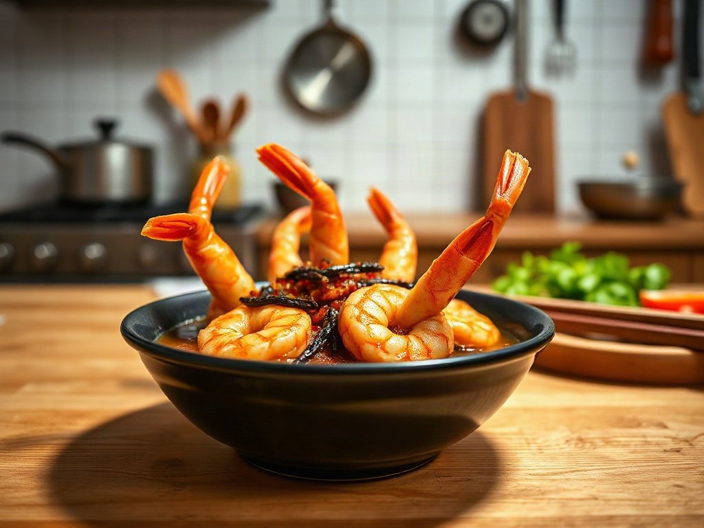 Tôm rim mặn ngọt tiêu đen trong bát, hấp dẫn