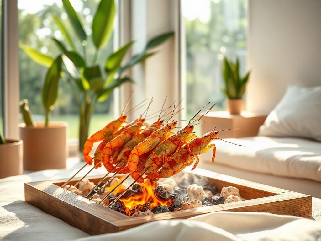 Tôm tít nướng trên vỉ than giữa vườn xanh