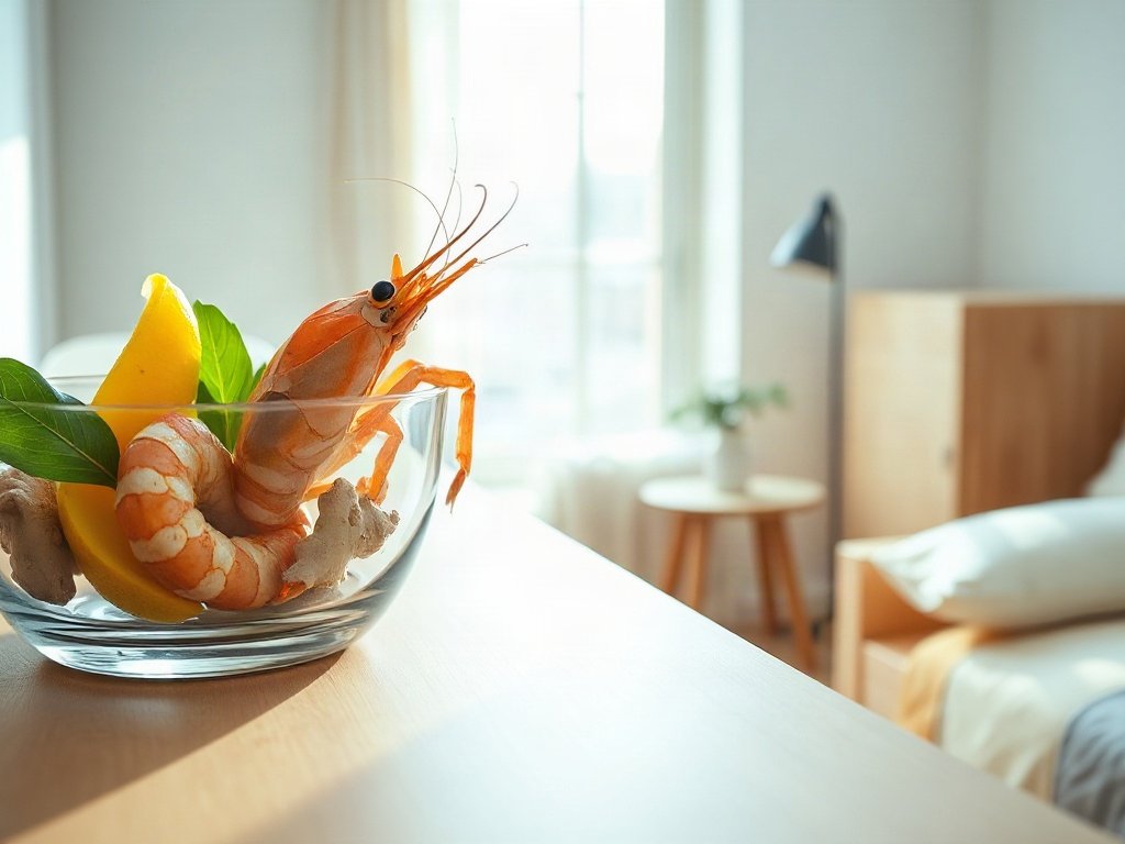 Tôm tít, sả và gừng trong tô thủy tinh
