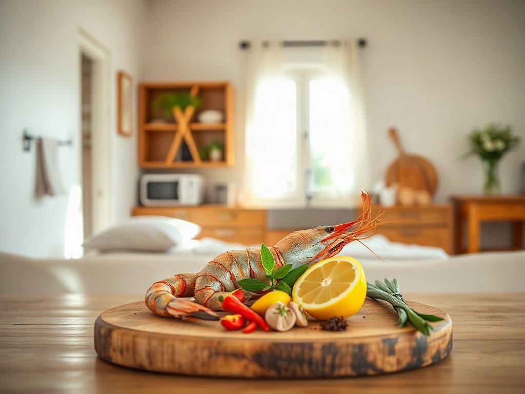 Tôm tít tươi với sả và gia vị trên thớt