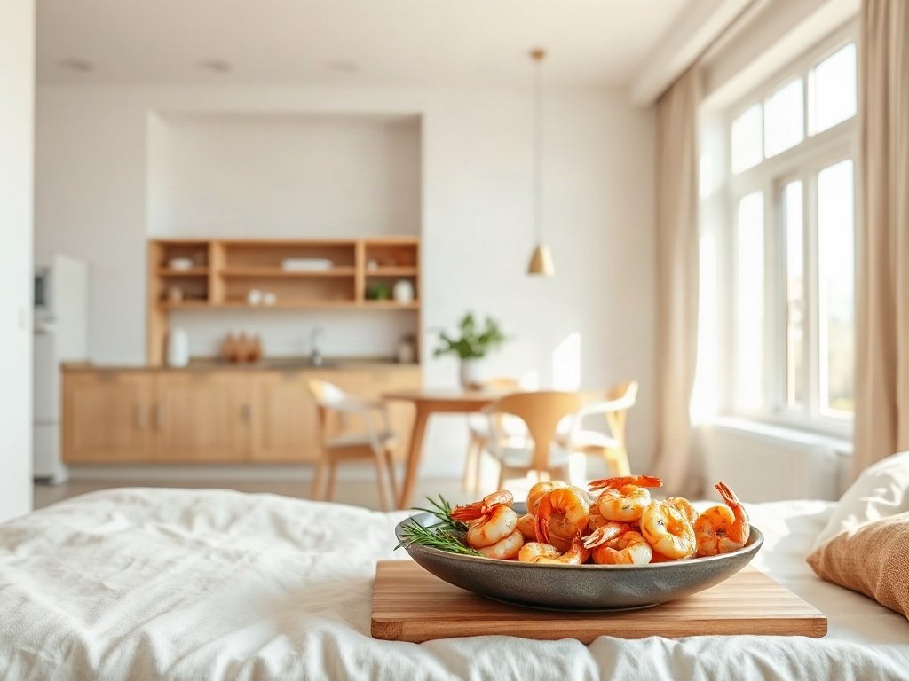 Tôm xào lửa lớn trong bếp hiện đại