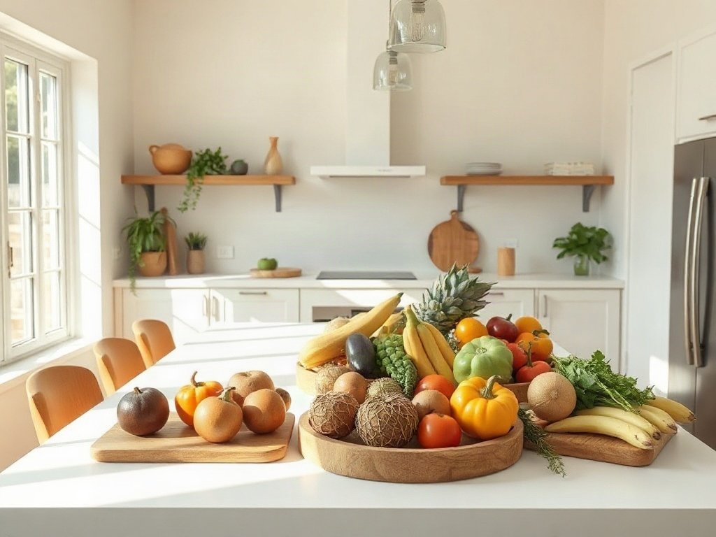 trái cây và rau quả tươi trên đảo bếp