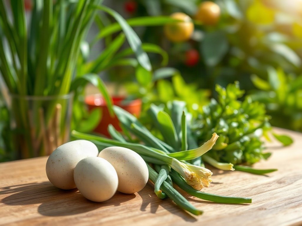 Trứng cút và hành lá trong vườn nhà
