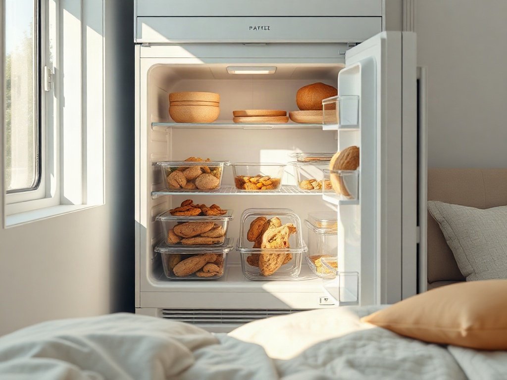 Tủ lạnh chứa hộp thức ăn ức gà và nấm đã chuẩn bị sẵn