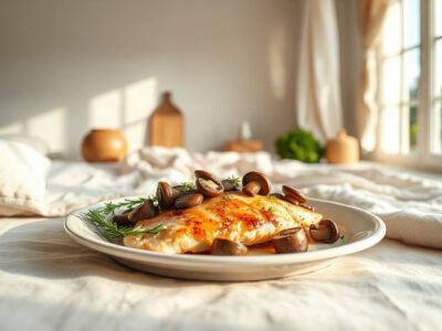 Ức gà hấp nấm trên đĩa