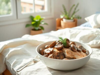 Ức gà hấp nấm trong đĩa trắng